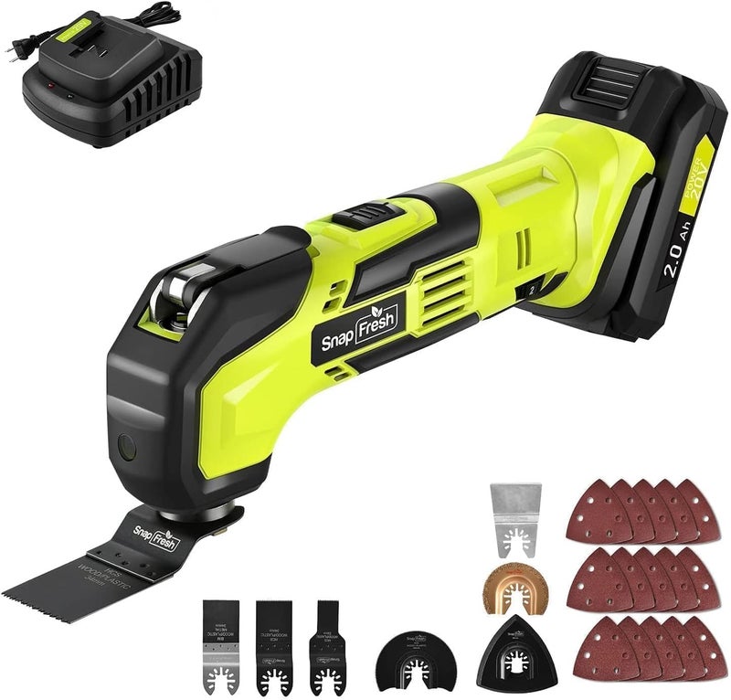 SnapFresh أداة متعددة الاهتزازات لاسلكية، مجموعة أدوات DIY 20V، 6 سرعات، زاوية اهتزاز 3.2°، قفل سريع قابل للتبديل، 24 قطعة ملحقات، بطارية وشاحن سريع، للتجريف، شفرات الصنفرة، القطع - Image 1